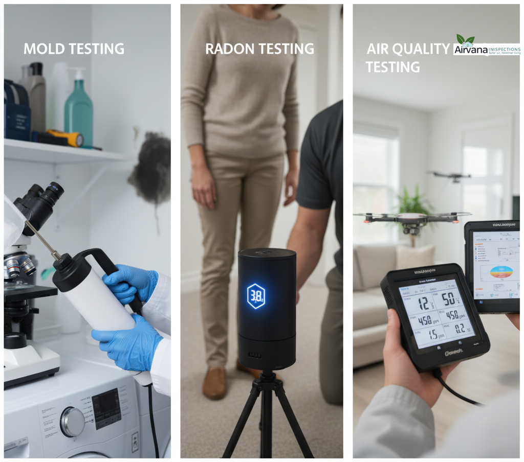 Images showing mold, radon, and air quality testing instruments